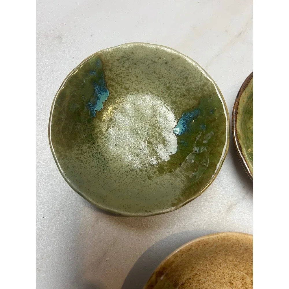 Handmade Ceramic Dipping Bowls‎ Set of 3 Green Brown Reactive Glaze Small 4 inch